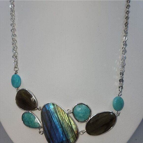 Organic Cut Labradorite And Amazonite Sterling 18" Cluster Necklace NWOT - Picture 2 of 10